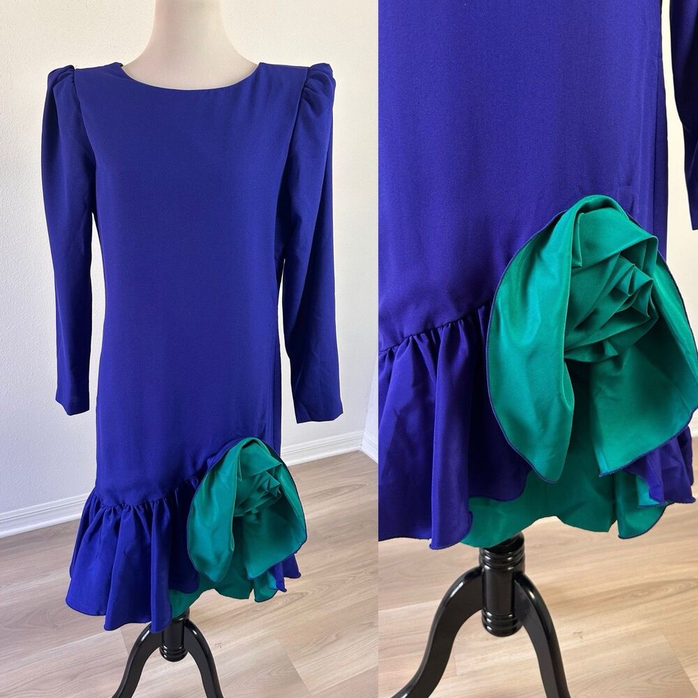 Vintage Huey Waltzer 80s blue party dress Drop Waist size 9/10